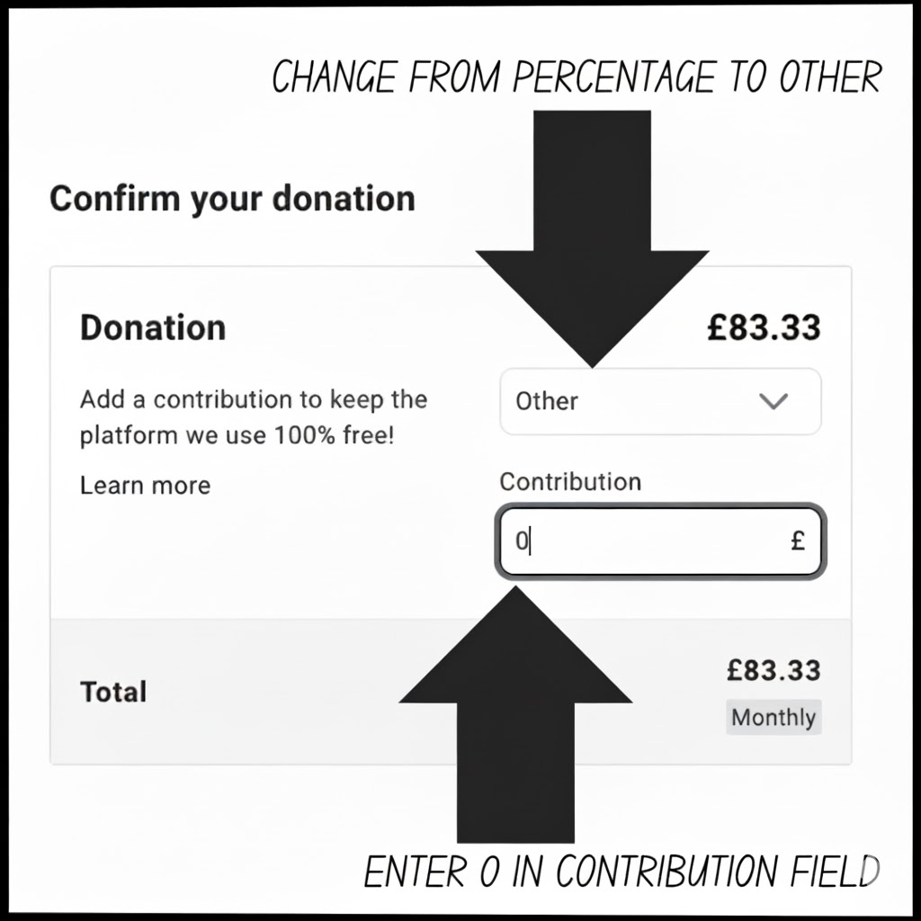 A guide showing how to set Zeffy contribution to zero.
